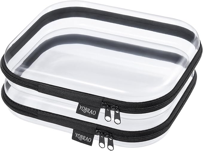 YQBRAO 2-Pack Medium Clear Hard Shell Zipper Case Black, 1.2mm Heavy-Duty Crush-Proof Makeup Bag, Versatile Diaper Bag Organizer Pouches, Rigid Clear Zipper Pouches for Toiletries, Tech & Daily Carry