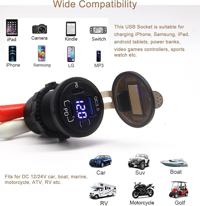 12V USB Outlet, Dual USB C Car Charger Socket & Quick Charge 3.0 Port with Voltmeter and Power Switch for Car Boat Marine Truck