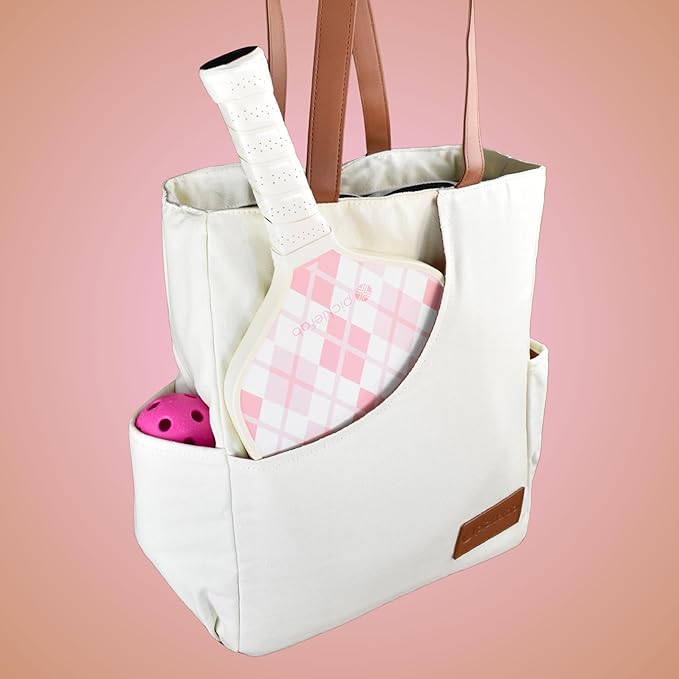 Designer Pickleball Bags for Women | Canvas & Vegan Leather Pickle Ball Tote Bag with Cover Pockets for 4 Paddles | 14"x12"x5.5" Small/Medium Tote Bag with Paddle Pocket & Fence Hook