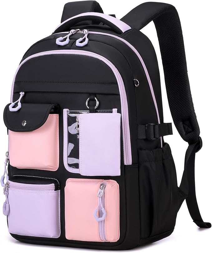 Kids Backpack, Backpack for Girls for Elementary School Multiple Pockets Ages 6-10(Black)