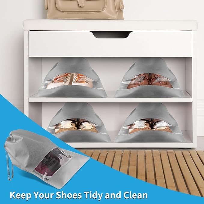 Large Gray Travel Shoe Bags - 10 Pcs with Clear Window, Non-Woven Drawstring, 12.6" X 17.3" for Men Women