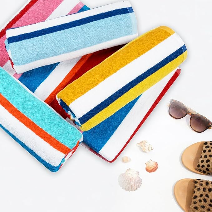 Casa Copenhagen Bora Bora Towels 4Pcs Teal, Pink, Red, Yellow Designer Stripe Beach Towels Gift Set, 30"x 60" Oversized 100% Cotton Pool Towels, Bath Towels for Beach (Summer Gift Set For Women & Men)