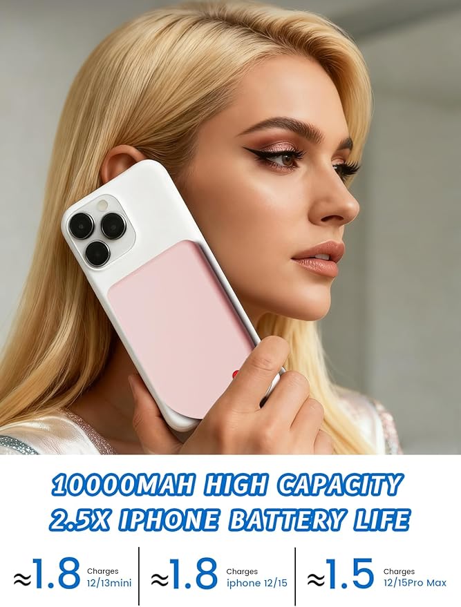 Magnetic Portable Charger, 10000mAh Wireless Portable Charger USB-C Cable, Compatible Battery,Pack Power Bank for iPhone 17/16/15/14/13/12 Series,Samsung (Pink)