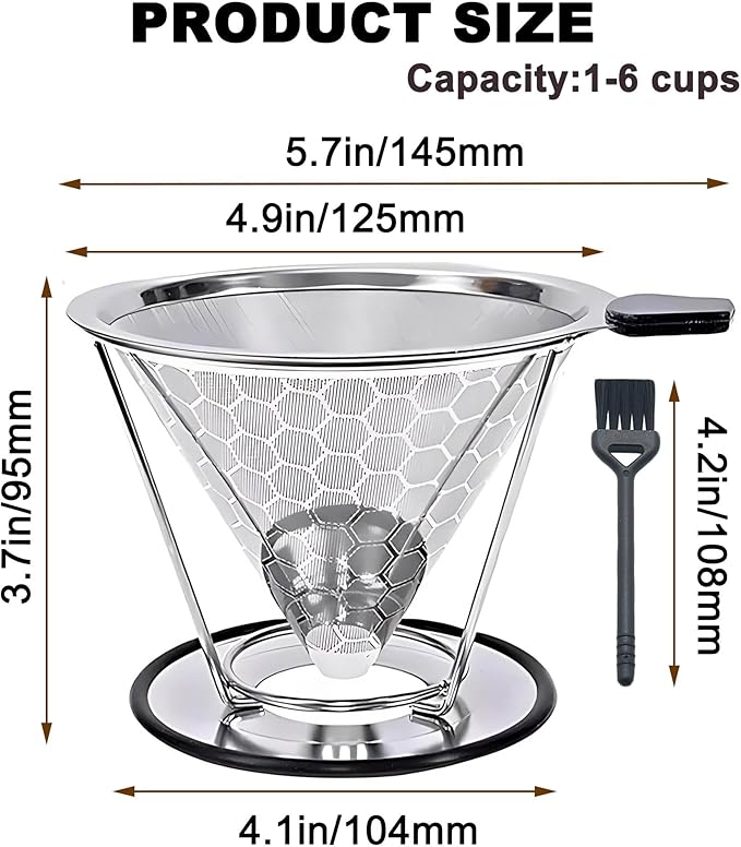 Pour Over Coffee Dripper - 304 Stainless Steel Filter, Paperless & Reusable Dual-Layer Metal Coffee Filter with Base, 800 Mesh Steel Cone Filter, for 1-6 Cups Brew Coffee Maker (Black)