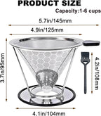 Pour Over Coffee Dripper - 304 Stainless Steel Filter, Paperless & Reusable Dual-Layer Metal Coffee Filter with Base, 800 Mesh Steel Cone Filter, for 1-6 Cups Brew Coffee Maker (Black)