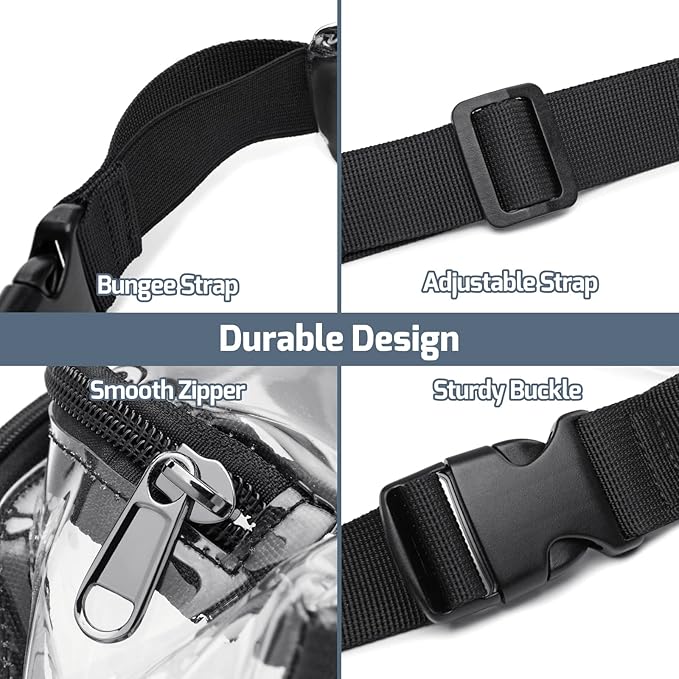 Veckle Clear Fanny Pack Stadium Approved - Adjustable 33-47 Inch Strap, Transparent Belt Bag for Women Men Fits 7.5-inch Smartphone, Waist Bag Clear Bag for Stadium Events, Sport, Concerts, Black