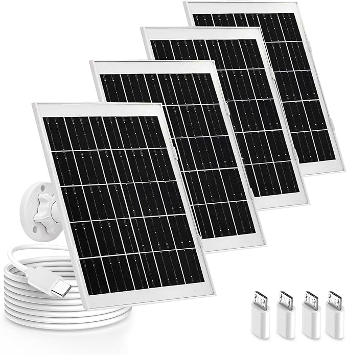 4 Pack 8W Camera Solar Panel Charger Cable Compatible with Eufycam SoloCam 3/3C s300/2,2 Pro, 2C, 2C Pro,c210,s330,s340,e340, E,Eufy E20, E40/L20/L40/S40/4G Security Camera Micro USB & USB Type C