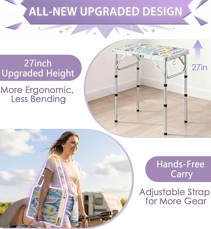 Folding Camping Table 2ft Portable Picnic Table Adjustable Height, Small Lightweight Aluminum Foldable Card Table,Hands-Free Carry for Outdoor Camp BBQ Beach (Blooming Floral with Shoulder Strap)
