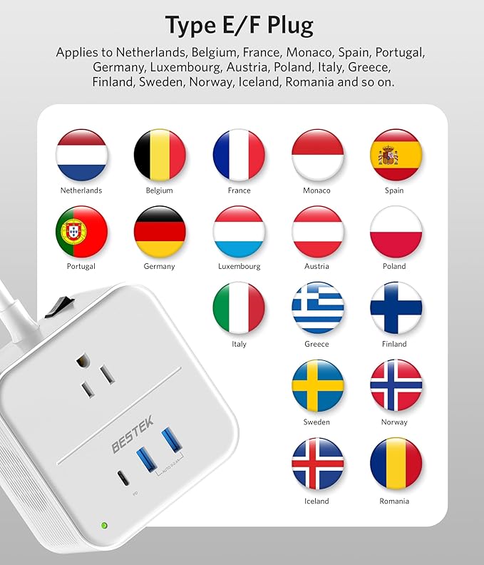 BESTEK 2000W Voltage Converter US to Europe 220V to 110V Converter Pure Sine Wave with PD 35W USB-C for Hair Dryer/Curling Iron/Phone Travel Adapter for Europe/Italy/France (White)
