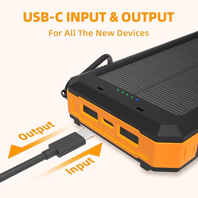 Solar Charger Power Bank 20000mAh Portable Charger with 4 Built-in Cables and USB-C in/Output, Dual Emergency Flashlights, Waterproof Outdoor Battery Pack for Camping, Hiking, Travel, and Storm Prep