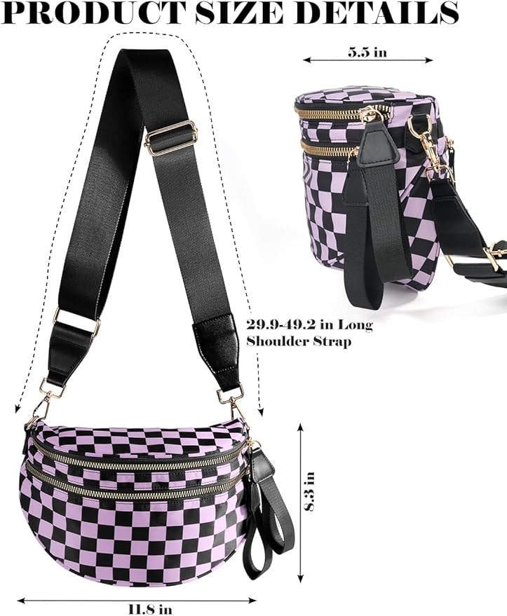 Black and White Checkered Crossbody Bag Bum Bag for Women,Spacious Checkered Purse Fanny Packs Belt Bag