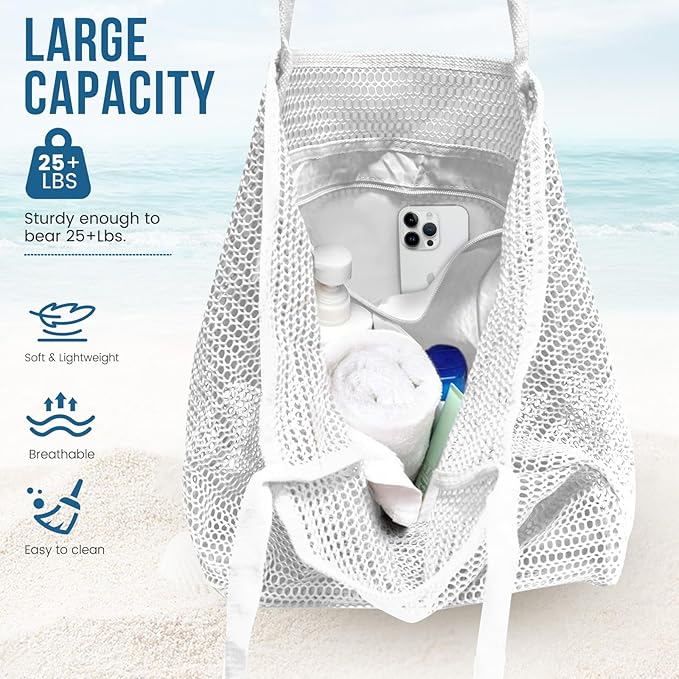 HOHOM Beach Bags for Women, Summer Travel Mesh Tote Bag with Large Inner Pocket, Sandproof Woven Shoulder Handbag