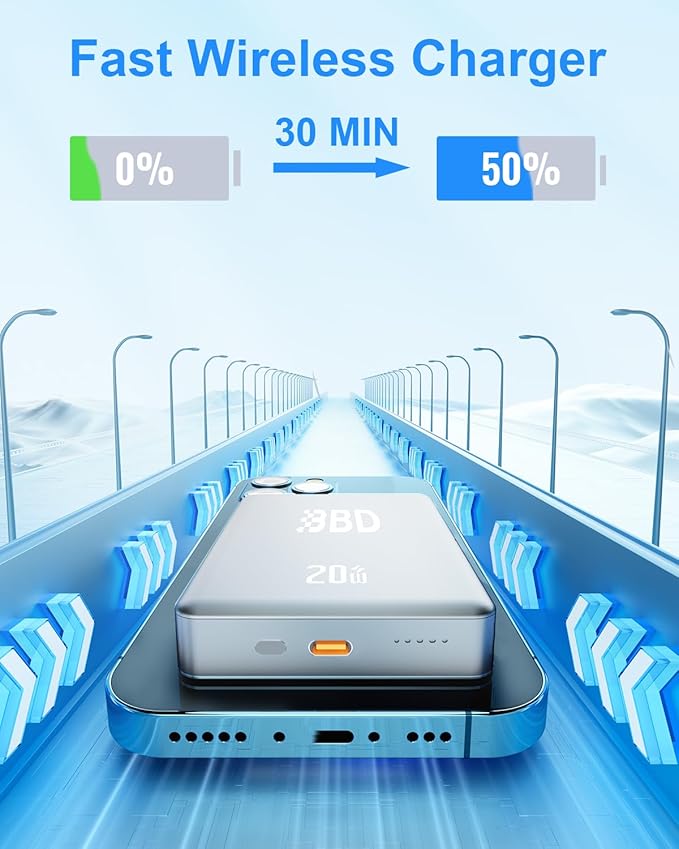 BBD Magnetic Power Bank for iPhone,12000mAh Magsafe Battery Pack with 20w Fast Charging,Slim Magsafe Power Bank USB C in&Out,Wireless Portable Charger for iPhone 17/16/15/14/13/12 Series-Silver