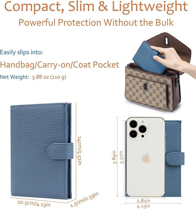 Leather RFID Blocking Passport Holder for Travel Women – Multiple Slim Passport Wallet for Women with Card Slots, Zippered Coin Pocket & Travel Passport Cover Case Gift Ready– Denim Blue