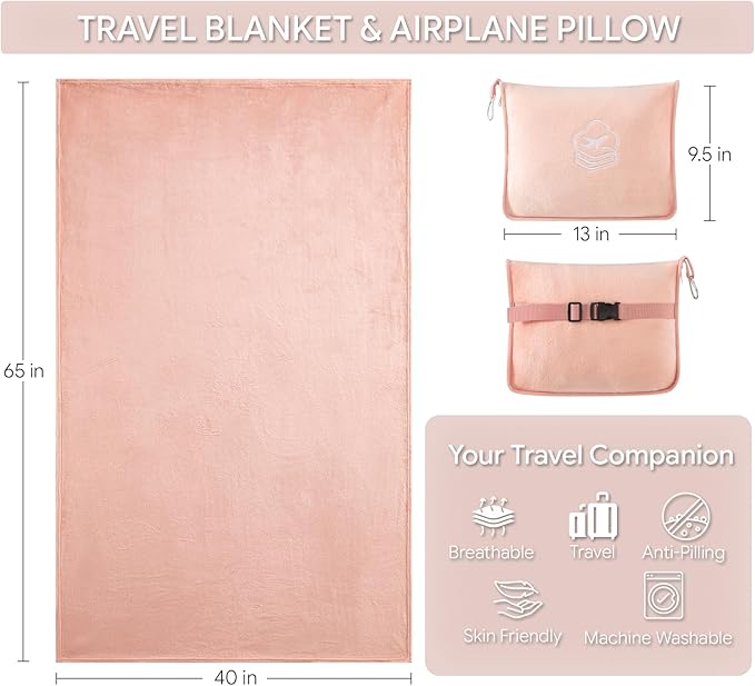 Travel Blanket, Soft 2-in-1 Airplane Blanket, 65x40 Inches, Travel Blanket Airplane Compact with Bag, Car Blanket with Luggage Sleeve & Backpack Clip (Peachy Pink)