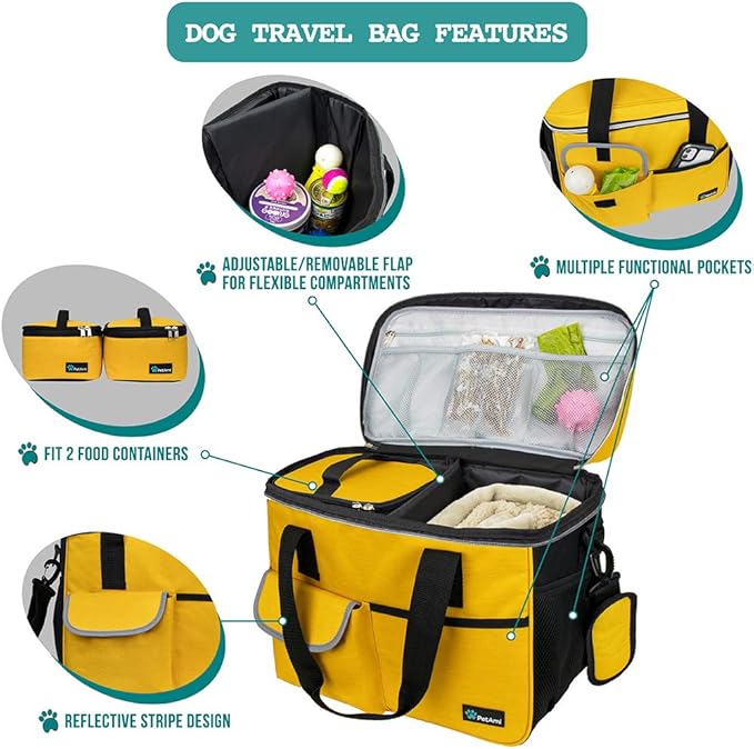 PetAmi Dog Travel Bag, Travel Pet Bag Organizer, Dog Food Travel Bag with Container Collapsible Bowls, Pet Travel Supplies Gift Accessories for Weekend Camping, Puppy Cat Diaper Bag, Yellow Medium