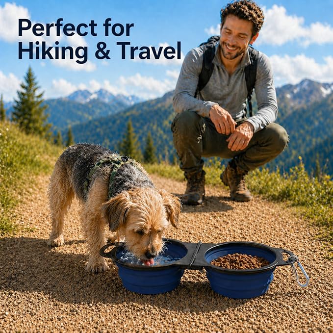 Collapsible Dog Bowls with Carabiner, Double Portable Travel Pet Bowls for Food and Water, Foldable Silicone Dog Bowl for Walking, Hiking, Camping, Small Medium Dogs and Cats, Gray