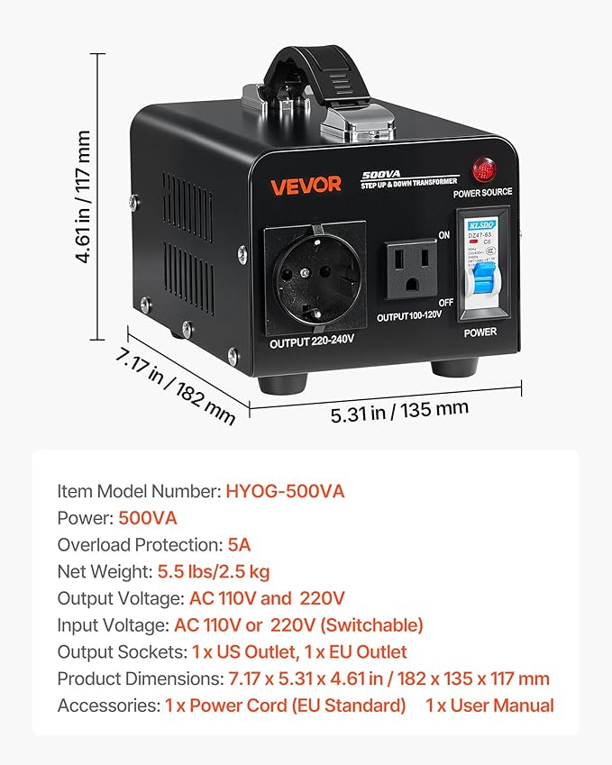 VEVOR Voltage Converter Transformer, 500VA, Heavy Duty Step Up/Down Power Transformer, Convert from 110V to 220V and 220V to 110V, with US Outlet, EU Outlet, Power Cord, Circuit Breaker Protection