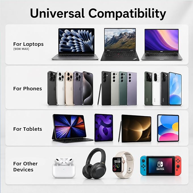 JUOVI Laptop Power Bank 20000mAh 90W USB C Portable Charger，PD QC Fast Charging 4-Port(2C+2A) External Battery Pack for MacBook Laptop iPad iPhone Samsung Steam Deck, Perfect for Travel & Business