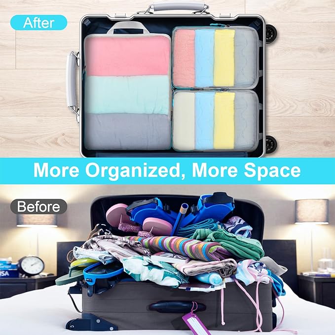 PFEYRPK Lightweight Compression Packing Cubes for Suitcases, Compressible Expandable Travel Packing Organizer with Clear Toiletries and Backpack Bag, Travel Essentials for Carry on Luggage 7 Set
