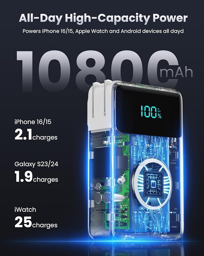 4-in-1 Portable Charger With Built-in Wall Plug&USB-C Cables,10800mAh Power Bank with iWatch Charger,QC4.0+PD 25W Fast Charging Battery Pack,Travel Essentials for iPhone 16/15,Apple Watch,Android etc