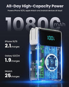 4-in-1 Portable Charger With Built-in Wall Plug&USB-C Cables,10800mAh Power Bank with iWatch Charger,QC4.0+PD 25W Fast Charging Battery Pack,Travel Essentials for iPhone 16/15,Apple Watch,Android etc
