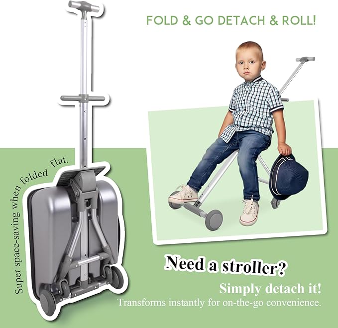 Apelila 3-in-1 Ride-On Suitcase with Detachable Heavy-Duty Cart | 20” Carry-On for Kids Converts to Stroller & Folding Utility Wagon | 80kg Load Capacity, Airline Approved