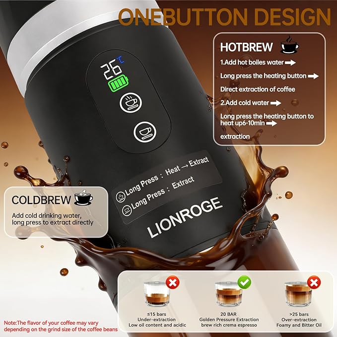 Portable Electric Espresso Machine with Removeable Battery, Mini Travel Coffee Maker, 3-in-1 Car Coffee Maker Self-Heating with USB-C for RV Hiking Office Camping (Ground Coffee & Capsule Compatible)