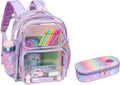 Bagseri 2pcs Clear Backpack for Girls - 15 Inch School Bag with Matching Pencil Case, Heavy Duty Transparent Bookbag for Kindergarten to Grade 2, Fits Folders, Purple Mermaid