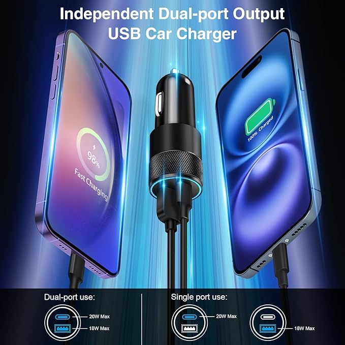 USB C Wall/Car Charger,38W Dual USB-C+USB-A Cigarette Lighter Adapter, 20W Fast Charging Block+2 X 6FT Type-C Cables for iPhone 16,16e,15,Samsung S25, S24 Ultra Pixel Cargador para Carro Plug