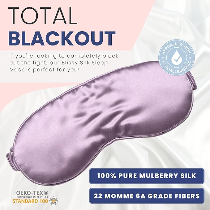 Blissy Silk Sleep Mask - Eye Sleeping Mask for Women & Men for Total Blackout - 100% Pure Mulberry Silk, 22 Momme 6a Fibers - Blindfold Sleep Mask Side Sleeper Eye Cover (Lavender)