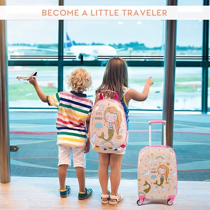 GYMAX 2Pc Kid Carry On Luggage Set, 12" & 18" Kids Suitcase with 4 Spinner Wheels, Travel Rolling Trolley