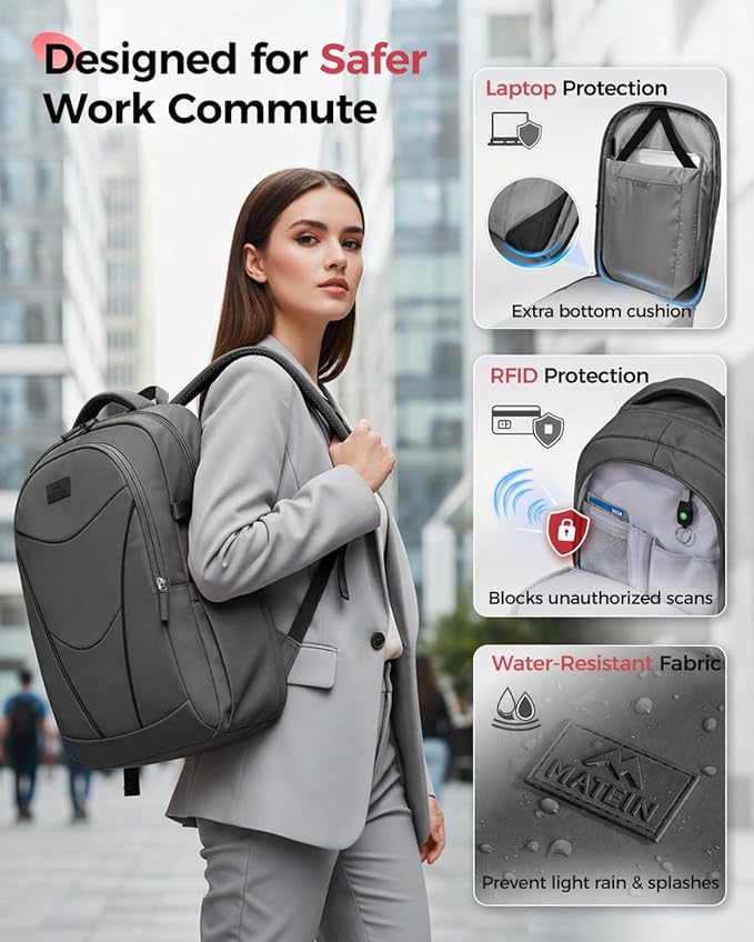 MATEIN HER Computer Backpack for Women Men with Lunch Compartment, Water Resistant Work Laptop Backpack with Water Bottle Holder & RFID Pocket, Underseat Travel Bag Fits 17.3'' Notebook, Gray