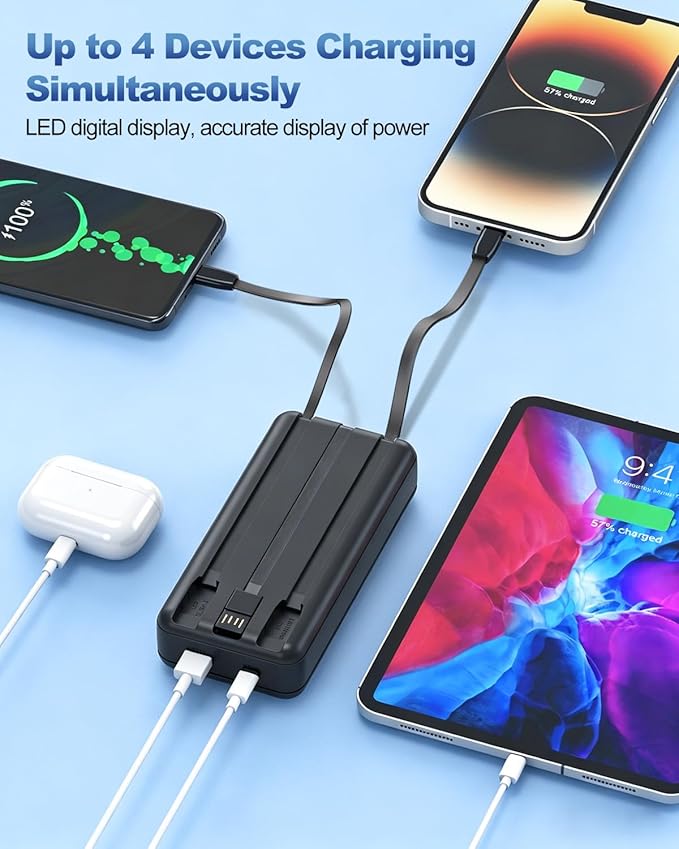 Portable Charger 40000mAh Power Bank - PD 22.5W Fast Charging Battery Pack, Built-in Cable Phone Charger 4 Output 3 Input, Compatible with iPhone 16 15 14 13 Android Samsung