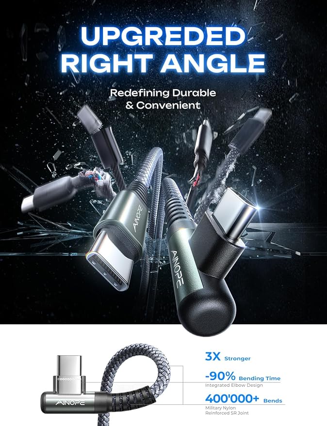AINOPE USB C to USB C Cable (60W 2Pack 6.6ft) C to C Cable Fast Charging Type C Charger Fast Charging, Right Angle for Charging While Gaming & Lying Down Fit for iPhone 17 Pro Max Samsung iPad MacBook