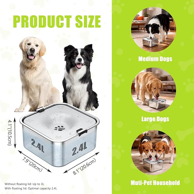 No Spill Dog Water Bowl 3L/101oz Stainless Steel Spill-Proof Dog Bowls, Anti-Splash Slow Drinking Water Bowls with Floating Disk for Messy Drinkers, Home & Travel Use (Light Gray)