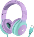ADOOPE Wired Kids Headphones with USB C Plug, 85dB Safe Volume, Adjustable Headband, Tangle-Free Cord Headphones for School, Tablet, Travel (Lavender & Mint Green, Without Microphone)