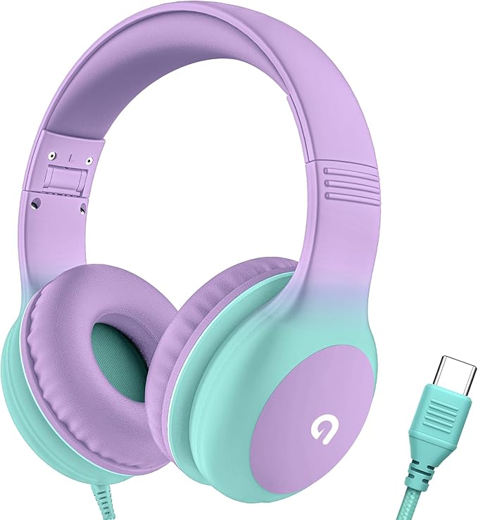 ADOOPE Wired Kids Headphones with USB C Plug, 85dB Safe Volume, Adjustable Headband, Tangle-Free Cord Headphones for School, Tablet, Travel (Lavender & Mint Green, Without Microphone)