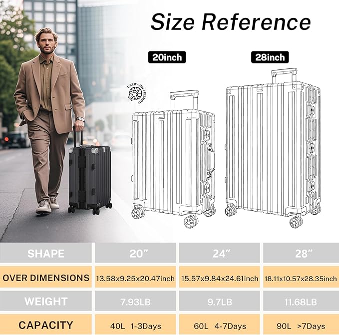 Krute Carry On Luggage 20 inch Aluminum Frame Luggage with Spinner Wheels Hardshell No Zipper PC+ABS TSA Lock Zipperless Suitcases Black