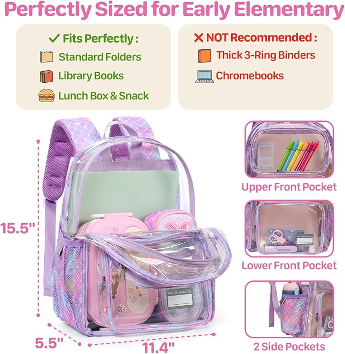 Bagseri 3pcs Clear Backpack for Girls - 15 Inch School Bag Set with Lunch Box and Pencil Case, Heavy Duty Transparent Bookbag for Kindergarten to Grade 2, Purple Mermaid