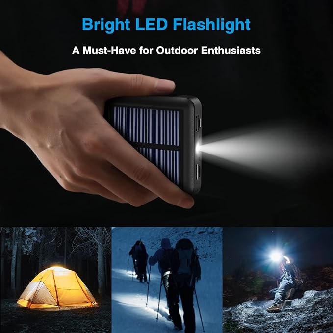 Solar Portable Charger 12000mAh, Small Solar Power Bank, USB C Input/Output External Battery with Built-in 4 Cables, Two-Hand Flashlight, Suitable for iPhone, Tablet Computers and Samsung