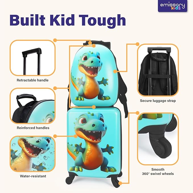 emissary Kids Luggage with Wheels, Hardside Toddler Carry On Suitcase Set, Lightweight Rolling Travel Bag for Boys and Girls, Airline Approved Travel Gifts - Blue Dinosaur