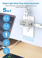 Mulit Plug Wall Outlet with USB C, 2 Pack Outlet Extender 2AC 1USBA 1USBC, 3 Way Plug Wall Splitter with Night Light, Multiple Plug Adapter for Travel Home Office PD 20W