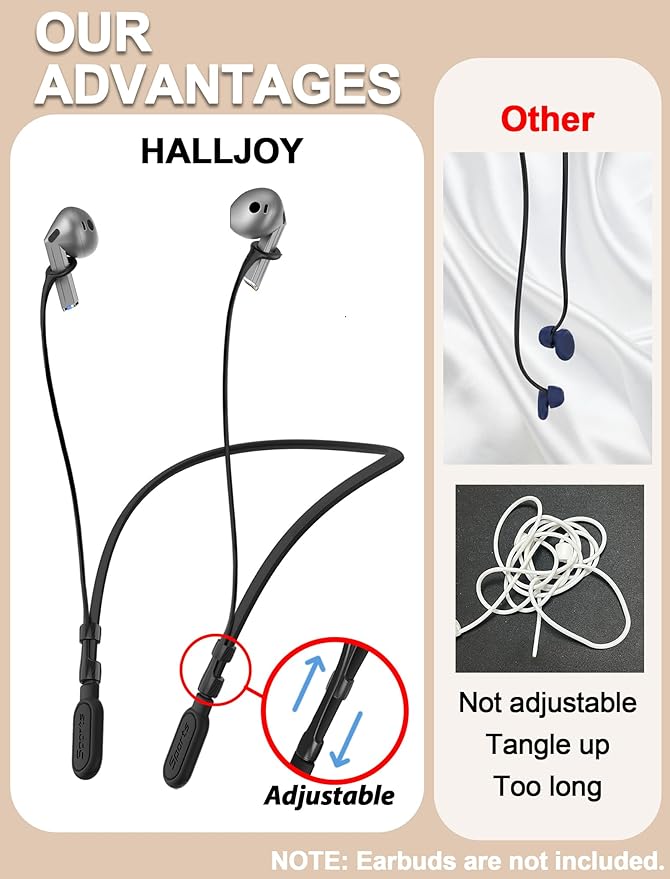 HALLJOY for Galaxy Buds 4/4 Pro/Buds 3/3 Pro Strap Neckband, Anti-Lost Accessories, Support Volume Control, Ergonomic Design, Fit Airpods Pro 3/2/1, Airpods 4, 3, 2, 1, Black Band/Black Tip