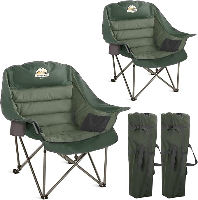 Colegence Oversized XL Padded Camping Chair Set of 2 Wide Heavy Duty Lawn Chairs Support 450 LBS Portable Folding Gaint Plus Camp Chair for Outdoor Outside Sports Baseball Soccer-Green
