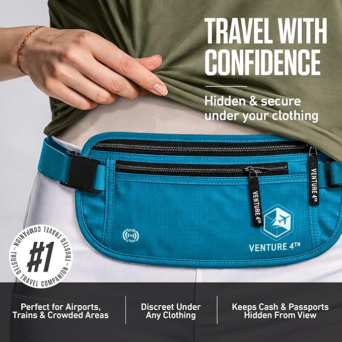 VENTURE 4TH Money Belt for Travel – Slim Hidden Under-Clothes RFID Blocking Anti-Theft Passport Holder & Travel Wallet Pouch for Men & Women to Protect Cash, Cards & Documents (Blue)