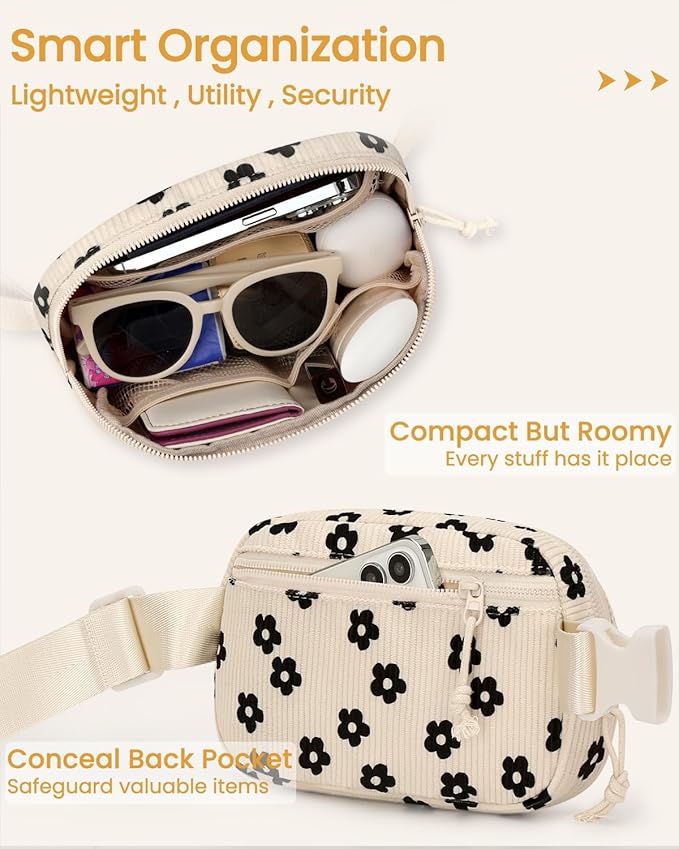 Vankor Large Corduroy Cute Fanny Packs for Women Cross Body, Everywhere Belt Bag for Women Crossbody Stylish Waist Pack Purse for Travel, Hiking, Workout, Running, Corduroy Black Flower