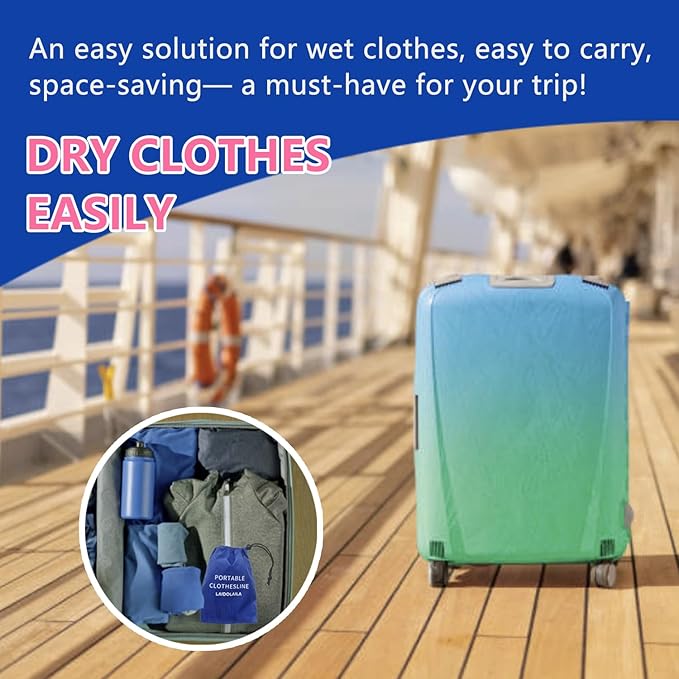 Magnetic Retractable Clothes Line for Cabin - Approved 2025 2026 Cruise Essentials Clothes Drying Rack Travel Clothesline with Clothespins -4 Luggage Tags Strong Magnets Hooks (Blue)