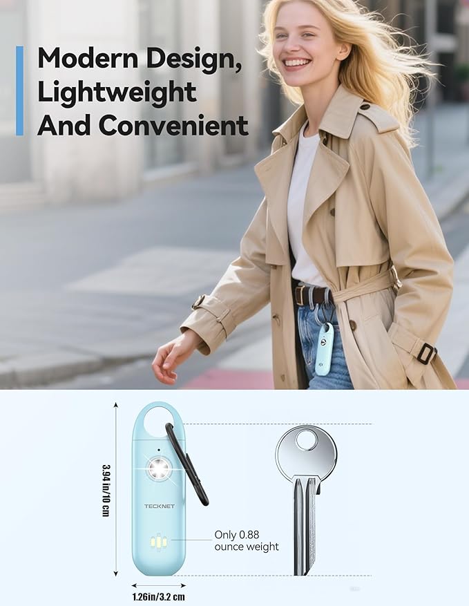 TECKNET Personal Safety Alarm,Portable Personal Alarm for Women with Flashing Strobe Light & Low Battery Alert,130dB Rechargeable Emergency Keychain Alarms for Women ,Men,Kids,Seniors(Blue)