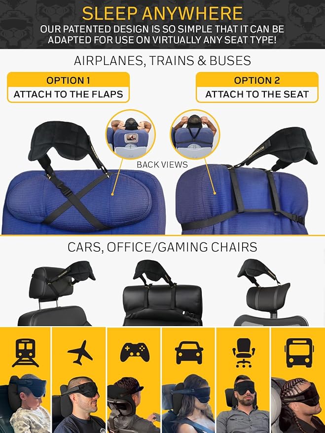 Sleeper Hold Travel Pillow - Real Sleeping Experience on Long Flights - Head Strap with Eye Mask - Super-Soft, Lightweight, Easy-to-Carry, and Machine-Washable Airplane Pillow